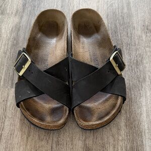 Birkenstock Blue Cross-Strap Sandals with Gold Buckles